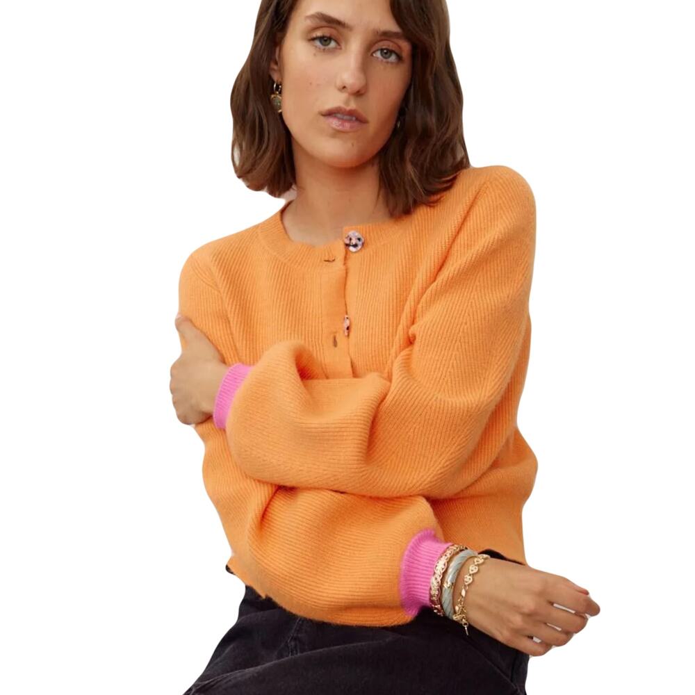 NWOT OLIVER BONAS Cardigan Sweater 8 Orange Pink-Cuff Balloon-Slv Rib Brown-Btns